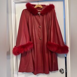leather cape coat with fox fur trim